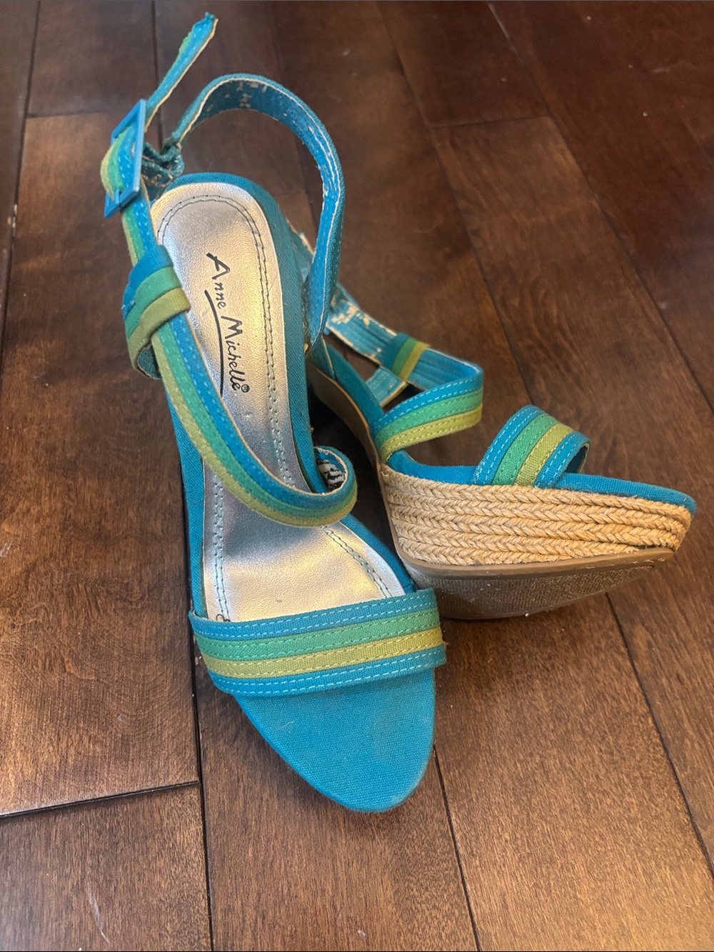 Anne Michelle Teal and Lime Striped Espadrille Wedge Sandals